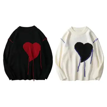 Есенно-зимен мъжки пуловер с аппликацией във формата на сърце, Двойни пуловер, подходящ по цвят Вязаный топ с кръгло деколте и дълги ръкави, Вязаный плетива на една кука за декор - Изображение 2  