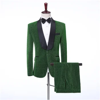 Ефектните Блестящи зелени мъжки костюми, 2 броя, Черен костюм с ревери, за сватба, Сватба облекло за младоженеца, Оборудвана блейзър Terno Masculino - Изображение 1  