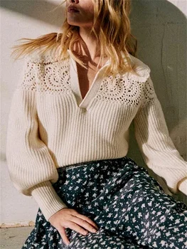 Жена вязаный пуловер с волани, вълнени смеси, дълъг ръкав 2023, Началото на есента, Вязаный жилетка, топ за жени - Изображение 2  
