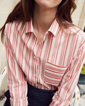 Жена топ риза Elfbop от розово от памук с дълъг ръкав в контрастни райета - новост 2018 година, дамска блуза-най-риза - Изображение 1  