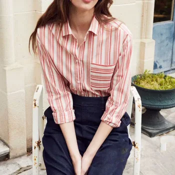 Жена топ риза Elfbop от розово от памук с дълъг ръкав в контрастни райета - новост 2018 година, дамска блуза-най-риза - Изображение 2  