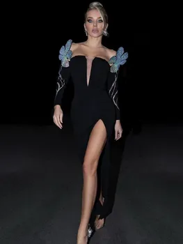 Женското сексуално Макси рокля с открити рамене, с цепка, с черни кристали и диаманти, блестящо бандажное рокля 2022, елегантна вечерна клуб рокля за парти - Изображение 2  