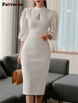 Женствена рокля 2023 бял цвят, Midi, ново Корейското модно лятна рокля с дупки, елегантни и луксозни вечерни рокли с ръкави-фенерчета - Изображение 1  