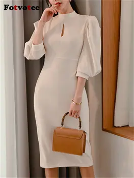 Женствена рокля 2023 бял цвят, Midi, ново Корейското модно лятна рокля с дупки, елегантни и луксозни вечерни рокли с ръкави-фенерчета - Изображение 2  