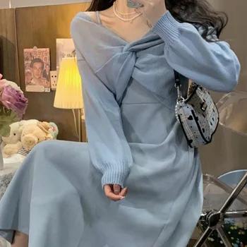 Зимата рокля, вельветовое рокля на подтяжках с V-образно деколте, без жена пуловер, комплект от две части, есен синя дълга рокля, на Корейското елегантна рокля офис - Изображение 1  