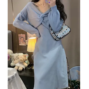 Зимата рокля, вельветовое рокля на подтяжках с V-образно деколте, без жена пуловер, комплект от две части, есен синя дълга рокля, на Корейското елегантна рокля офис - Изображение 2  