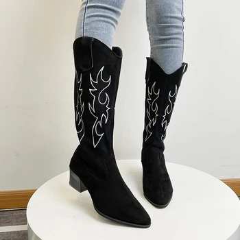 Зимните шик дамски каубойски ботуши, дамски западните обувки без обков с остри пръсти нисък квадратен ток, висококачествени ботуши до коляното - Изображение 2  