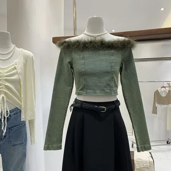 КУСАХИКИ Сладка Готина Елегантна къса блуза Души с открити рамене, пикантни момиче, есен 2023, Нова Корейска модни Кожа деним риза в стил мозайка - Изображение 2  