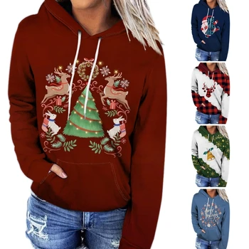 Коледна hoody с качулка за жени, жилетки за момичета, ризи, блузи, ежедневни пуловер с дълъг ръкав и завязками голям размер, директна доставка - Изображение 2  