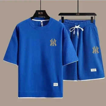 Комплект мъжки тениски и шорти, спортни дрехи с къси ръкави, ежедневен, модерен, лято 2023, нов класически принт - Изображение 2  