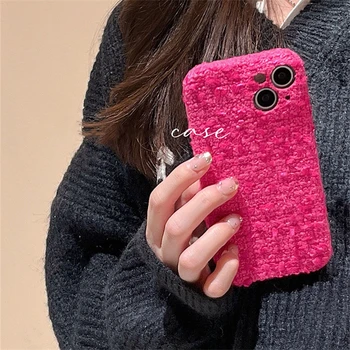 Корейският Зимен Розово обикновен калъф за телефон iPhone 14 13 12 11 Pro Max от топла плат с кожа, устойчив на удари мек калъф за момичета Shell - Изображение 2  