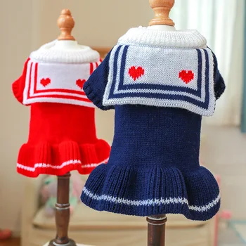 Лейси памучен панталон за домашни любимци Зимни рокли-пуловери за кучета от малки кученца, домашни любимци, котки, сини и червени с любов, дрехи с яка, пуловер - Изображение 2  