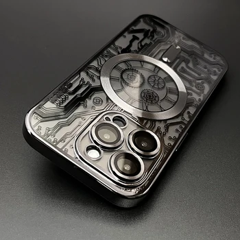 Луксозна Печатна Платка С Покритие Magsafe Case За iPhone 15 14 13 12 11 Pro Max Plus Прозрачен Силикон Магнитна Противоударная Хастар - Изображение 1  