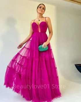 Луксозни вечерни рокли трапецовидна форма с тънки спагети презрамки от тюл на няколко нива, с дълги вечерни рокли с цвят на фуксия, вечерни рокли Vestido Gala - Изображение 1  