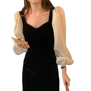 Луксозно Есенно-зимния женствена рокля French Vestido, бархатное женствена рокля в стил мозайка с дълъг ръкав - Изображение 1  