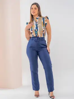 Лятна дамска риза с принтом + обикновена ежедневни панталони с висока талия, офис комплекти, дамски модни блузи с къс ръкав, женски комплект от 2 теми - Изображение 2  