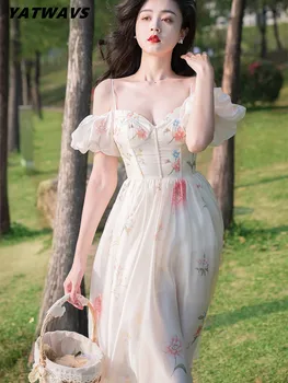 Лятното модно рокля Midi-феи с деколте лодка, Дамско елегантно дизайнерско рокля с пищни ръкави и принтом, плажни вечерни рокли от дантела, Дамски рокли - Изображение 1  