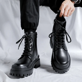 Мода 2023 година за мъже, мотоциклетни ботуши от естествена кожа, пуст тактически военни обувки, Мъжки ежедневни обувки в английски стил със среден покрив - Изображение 2  