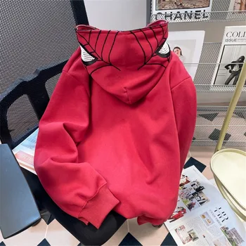 Модерен американски стил, Свободни блузи джоб с джоб под формата на паяк, hoody за жени, есен-зима 2023, класическо червено винтажное палто. - Изображение 2  