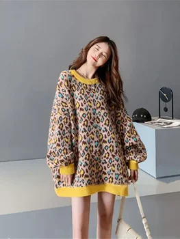 Модерен женски пуловер 2023, новостите на есен-Зима, свободни Леопардовые пуловер с кръгло деколте и дълги ръкави, Корейски нови блузи от трико в ретро стил - Изображение 2  
