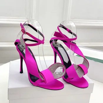 Модерен луксозен дамски обувки с каишка на щиколотке, обувки на висок ток, сандали с кръгло бомбе и диаманти, с отворени пръсти - Изображение 1  