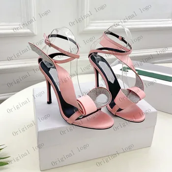 Модерен луксозен дамски обувки с каишка на щиколотке, обувки на висок ток, сандали с кръгло бомбе и диаманти, с отворени пръсти - Изображение 2  