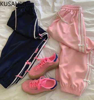 Модерни спортни панталони KUSAHIKI в ивица с лък, ежедневни дамски панталони с еластичен шнур и висока талия, есенни нови зреещи 2023 г. - Изображение 1  