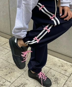 Модерни спортни панталони KUSAHIKI в ивица с лък, ежедневни дамски панталони с еластичен шнур и висока талия, есенни нови зреещи 2023 г. - Изображение 2  