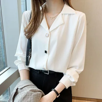 Модни блузи с дълъг ръкав, дамски офис шифоновые ризи, Сладки обикновена блузи, Женски S-2XL - Изображение 1  