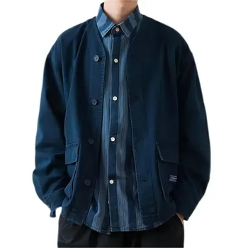 Мъжки дънкови яке цвят индиго с V-образно деколте в японски стил, однобортная, Пролет-есен 2023, джинсовое палто от пясъчна плат с джобове с капаци отпред - Изображение 1  