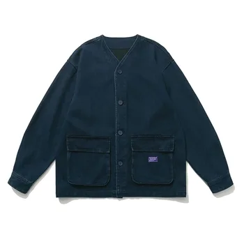Мъжки дънкови яке цвят индиго с V-образно деколте в японски стил, однобортная, Пролет-есен 2023, джинсовое палто от пясъчна плат с джобове с капаци отпред - Изображение 2  