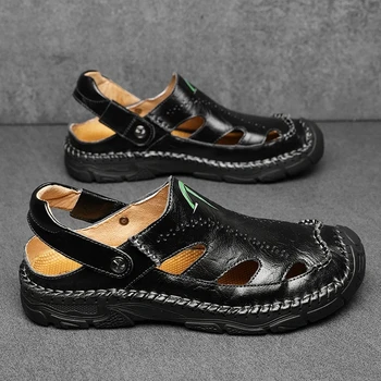 Мъжки кожени Сандали са ръчно изработени, Луксозни Дизайнерски Плажни обувки Baotou на равна подметка С изрези За почивка, Големи Мъжки чехли - Изображение 1  