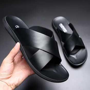 Мъжки кожени чехли XIHAHA, Новост 2023 г., плажно лято обувки с високо качество, Големи размери 47, леки джапанки на равна подметка, мъжки чехли - Изображение 1  
