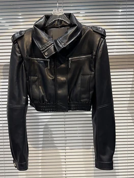 Най-новата мода на ГЛАВНАТА УЛИЦА 2024, дамски дизайнерски яке с цип, наплечник с високо воротом, Мотоциклетът яке от изкуствена кожа - Изображение 1  