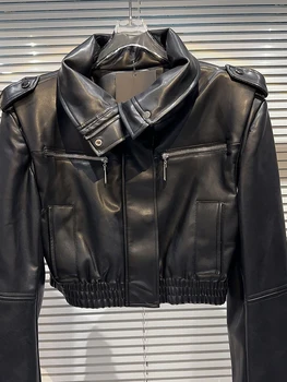 Най-новата мода на ГЛАВНАТА УЛИЦА 2024, дамски дизайнерски яке с цип, наплечник с високо воротом, Мотоциклетът яке от изкуствена кожа - Изображение 2  