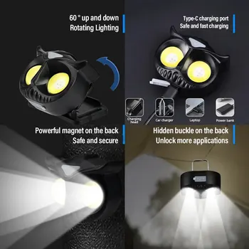 Налобный фенер COB Owl, Водоустойчив USB-акумулаторна на прожекторите с кука и магнит за възрастни, деца, бягане, Риболов, езда, къмпинг - Изображение 2  