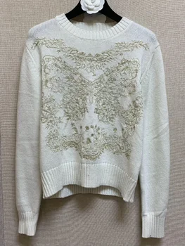 Нова мода, вълнен пуловер с дълъг ръкав и кръгло деколте и бродерия на пеперуда, вязаный топ - Изображение 1  