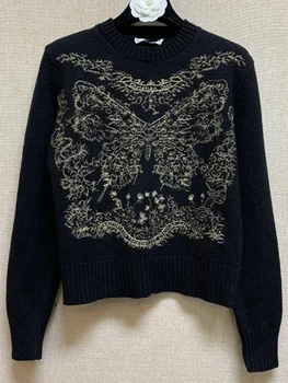 Нова мода, вълнен пуловер с дълъг ръкав и кръгло деколте и бродерия на пеперуда, вязаный топ - Изображение 2  