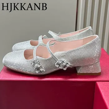 Нови пролетни обувки Mary Jane в ниски обувки, дамски обувки-лодка с бриллиантовым интериор, кожени елегантни банкетни обувки с отворени пръсти - Изображение 1  