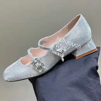 Нови пролетни обувки Mary Jane в ниски обувки, дамски обувки-лодка с бриллиантовым интериор, кожени елегантни банкетни обувки с отворени пръсти - Изображение 2  