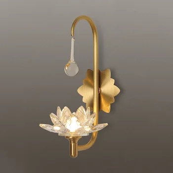 Новият Китайски Мед Кристална Стена Лампа Gold Lotus Блясък Led G9 Дзен Art Стенни Аплици Декор Спални Фон Хол, Коридор, - Изображение 1  