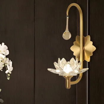 Новият Китайски Мед Кристална Стена Лампа Gold Lotus Блясък Led G9 Дзен Art Стенни Аплици Декор Спални Фон Хол, Коридор, - Изображение 2  