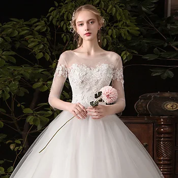 Ново Просто сватбена рокля с ръкави 3/4 Апликация Перли Дантела 3D цветя Сватбена рокля Елегантна Vestido De Noiva - Изображение 1  