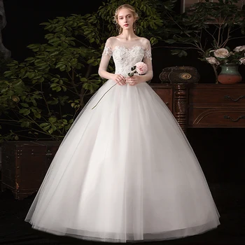Ново Просто сватбена рокля с ръкави 3/4 Апликация Перли Дантела 3D цветя Сватбена рокля Елегантна Vestido De Noiva - Изображение 2  