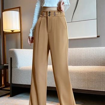 Обикновена широки панталони с висока талия, дамски пролетно-есенни нови корейски драпирани свободни темпераментни директни ежедневни панталони - Изображение 1  