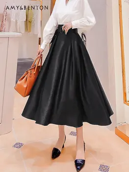 Однотонная пола в стил Хепбърн, дамски дизайнерски пола със средна дължина, висок клас на пола-чадър 2023 Пролет, трапециевидная пола-чадър с висока талия - Изображение 1  