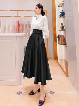 Однотонная пола в стил Хепбърн, дамски дизайнерски пола със средна дължина, висок клас на пола-чадър 2023 Пролет, трапециевидная пола-чадър с висока талия - Изображение 2  