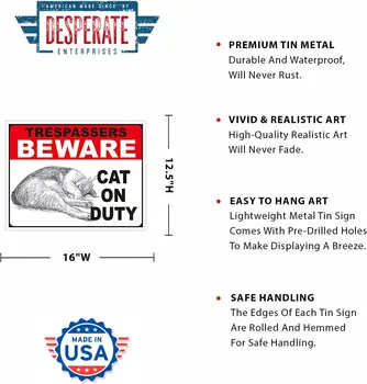 Отчаяни предприятия, Пазете се от котка на работа, Лидице знак - Носталгично ретро метален стенен декор - Произведено в САЩ - Изображение 2  