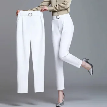 Офис Дамски Елегантни Модни Корейски Еластични Панталони С Висока Талия, Летни Прости Бели Черни Панталони С Джоб На Колана, Скъсяване на Зреещи S-4XL - Изображение 2  