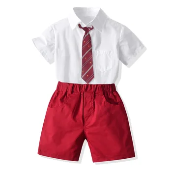 Очарователен джентълмен, дрехи за момчета 2-7 години, Памучен однотонная тениска с ревера, Червени гащета с шарени вратовръзка, детски сватбен бутик-комплект - Изображение 1  